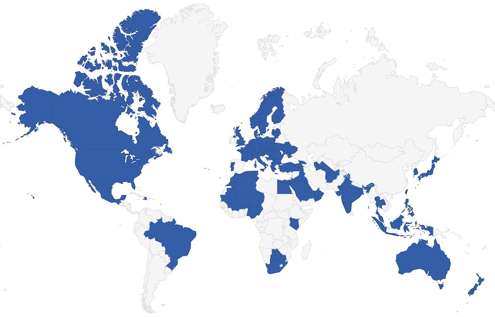 World map showing 70 highlighted countries with ADG customers