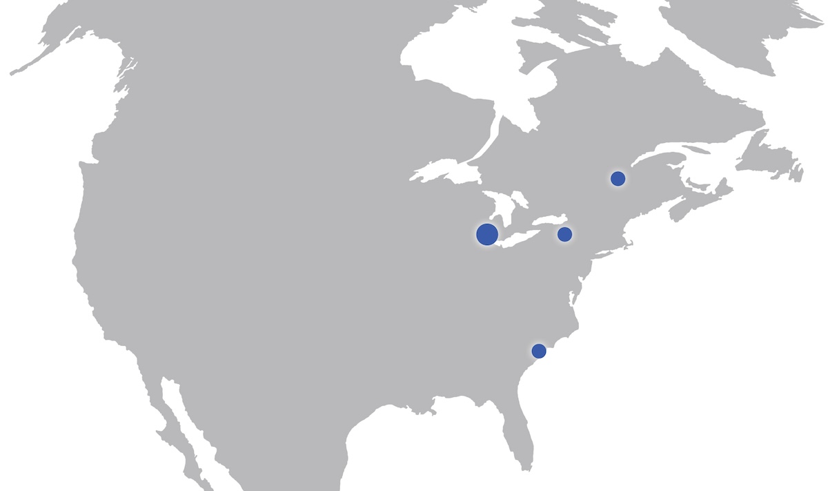 Map of North America showing ADG office locations