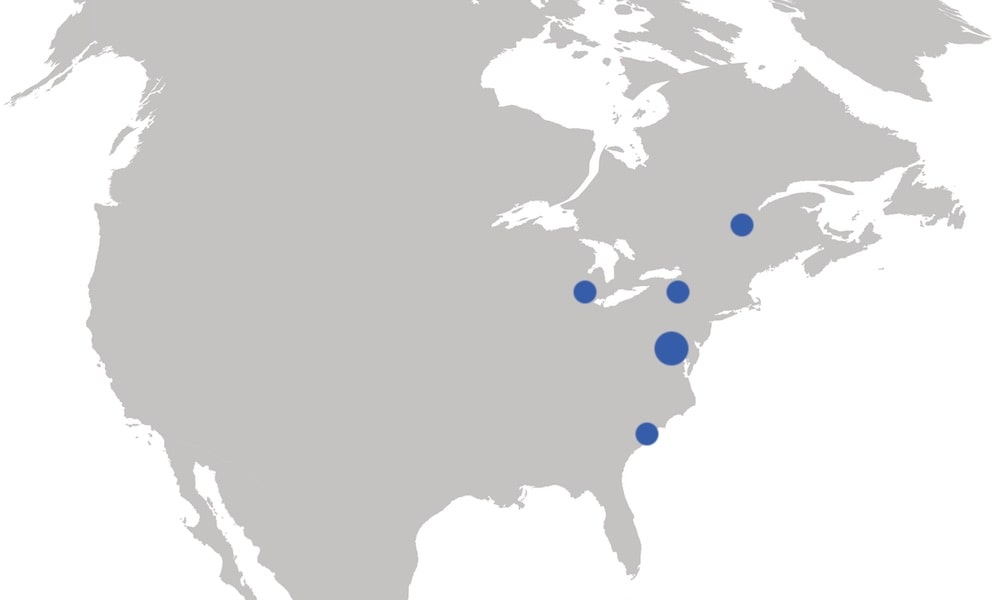 Carte de l’Amérique du Nord affichant les emplacements des bureaux d’ADG