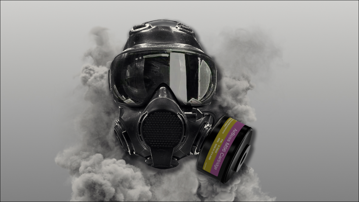 Front view of LBM low-burden mask mask in cloud of smoke