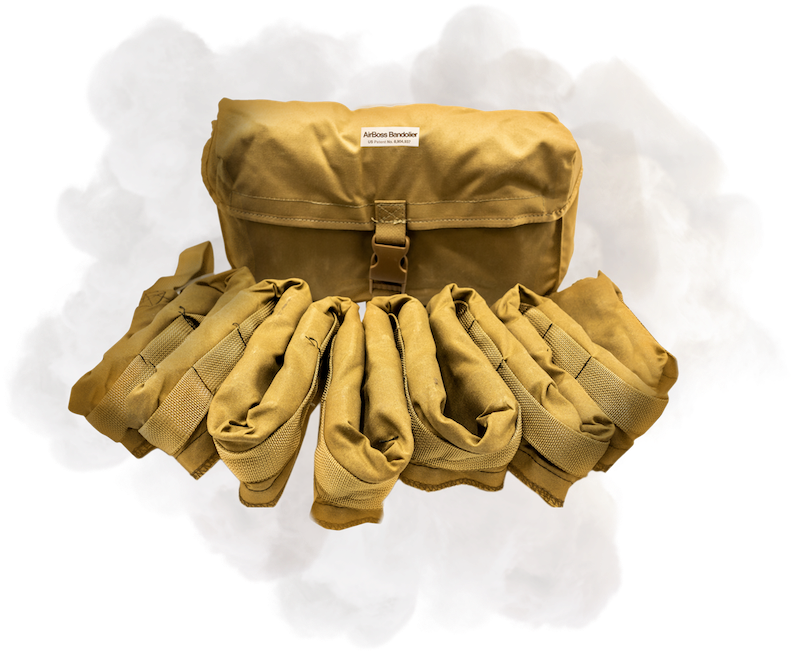 Bandolier bag and explosive charges in cloud of smoke