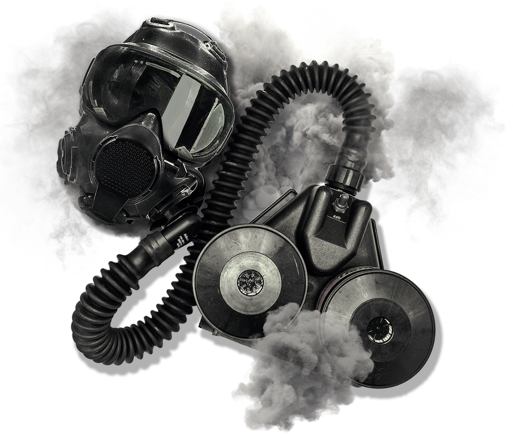 Front view of C420 PAPR system with LBM Low-Burden Mask in cloud of smoke