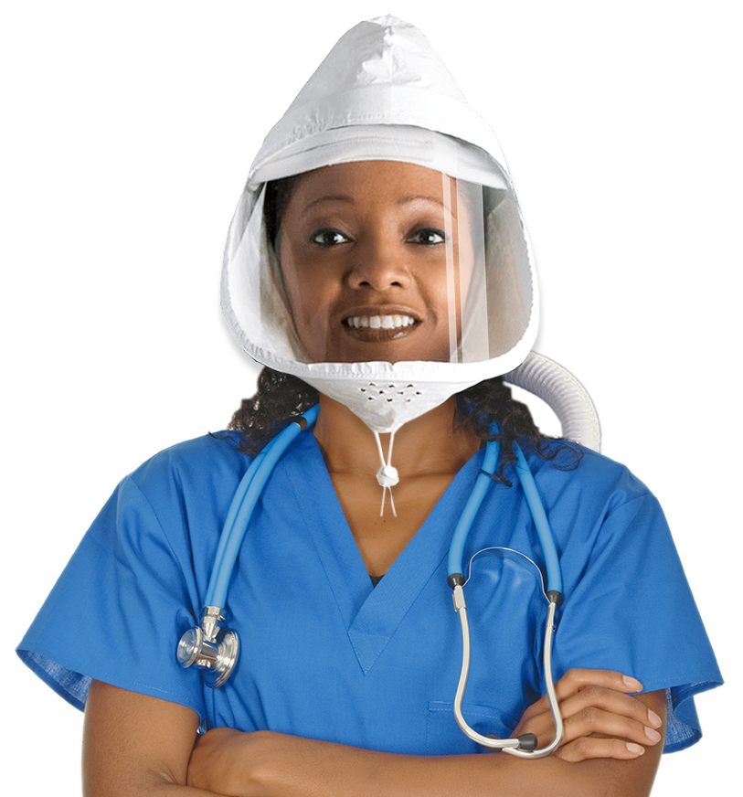 Female African American nurse in FlexAir PAPR system hood