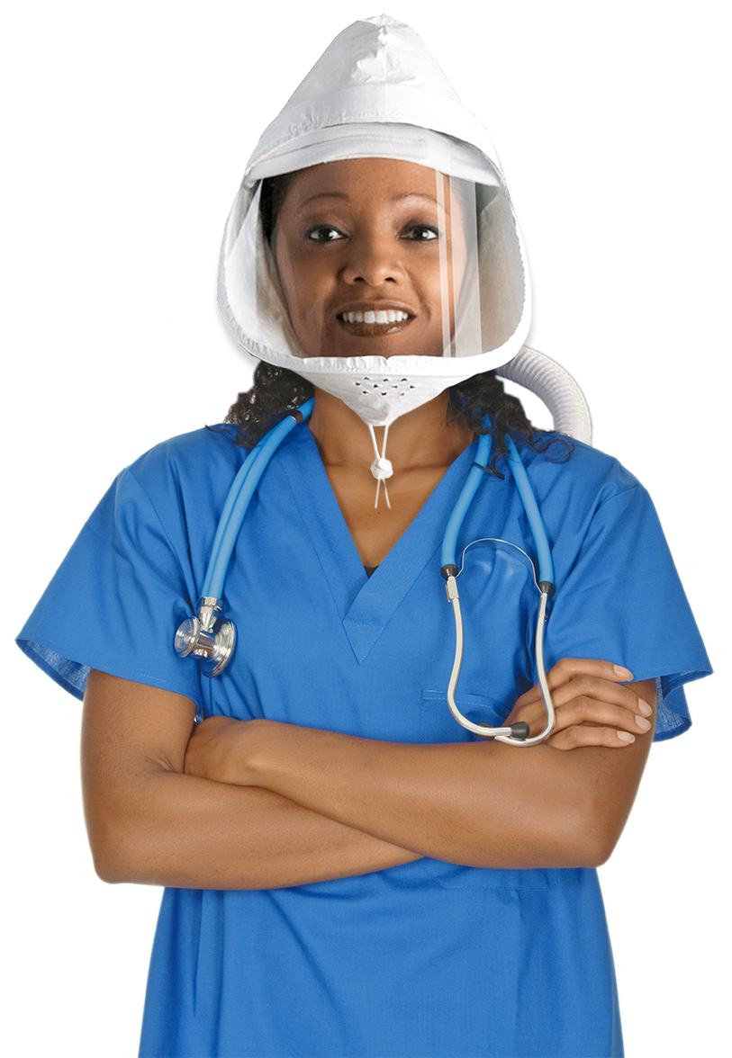 Female African American nurse in FlexAir PAPR system hood