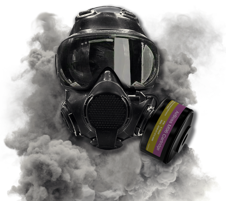Front view of LBM low-burden mask mask in cloud of smoke
