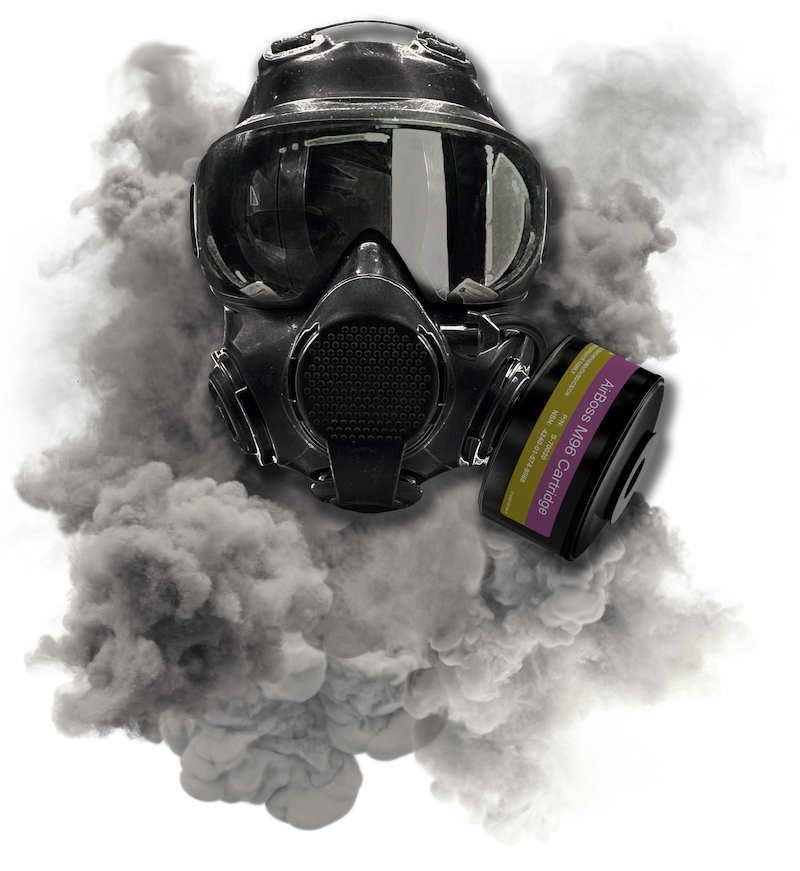 Front view of LBM low-burden mask mask in cloud of smoke