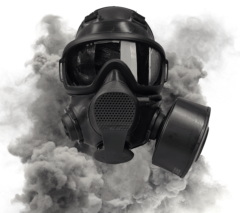 Front view of LBM low-burden mask mask in cloud of smoke