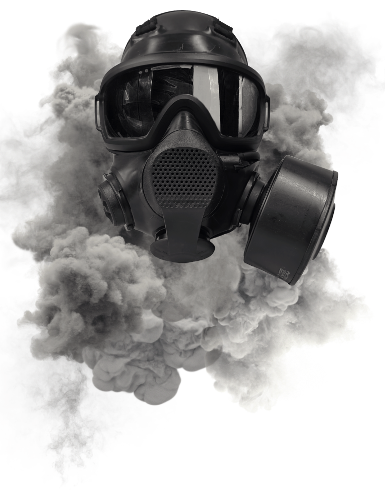 Front view of LBM low-burden mask mask in cloud of smoke